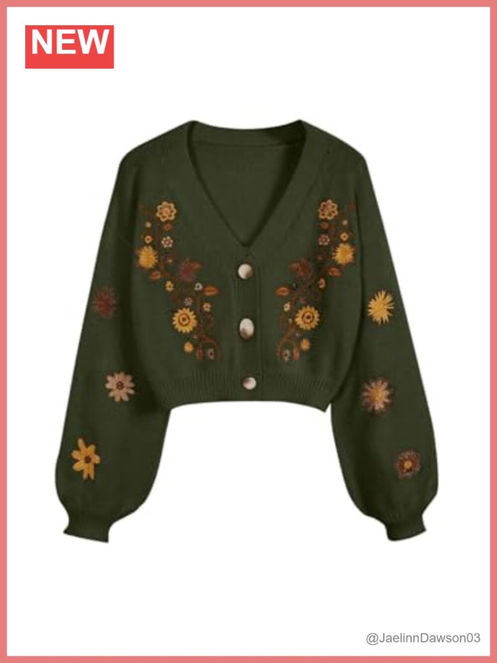 Women's V Neck Floral Embroidered Cardigan Lantern Sleeve Cropped